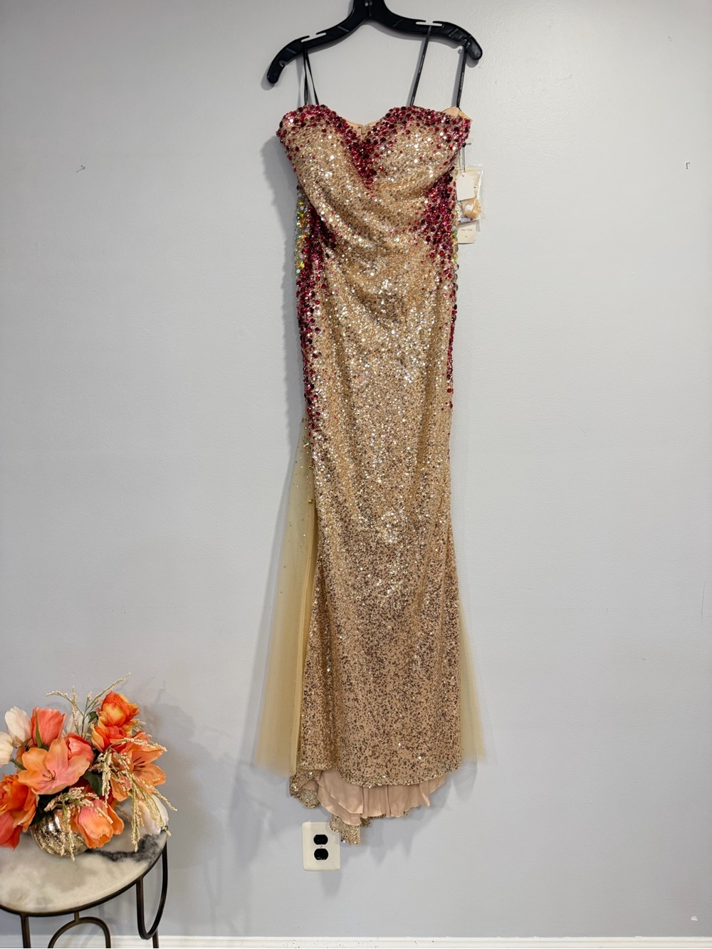 Alyce Paris Strapless Gold Sequin Evening Formal Gown with Red Accent Rhinestone